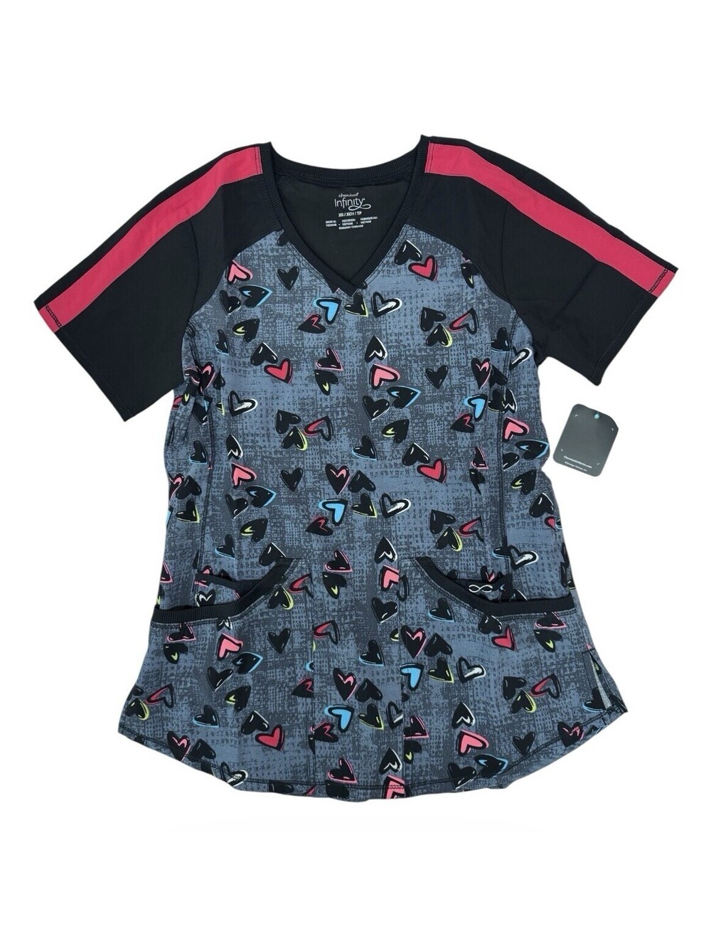 (RF) Cherokee Infinity Medical Scrub Top XS Extra Small Black Gray Hearts Print